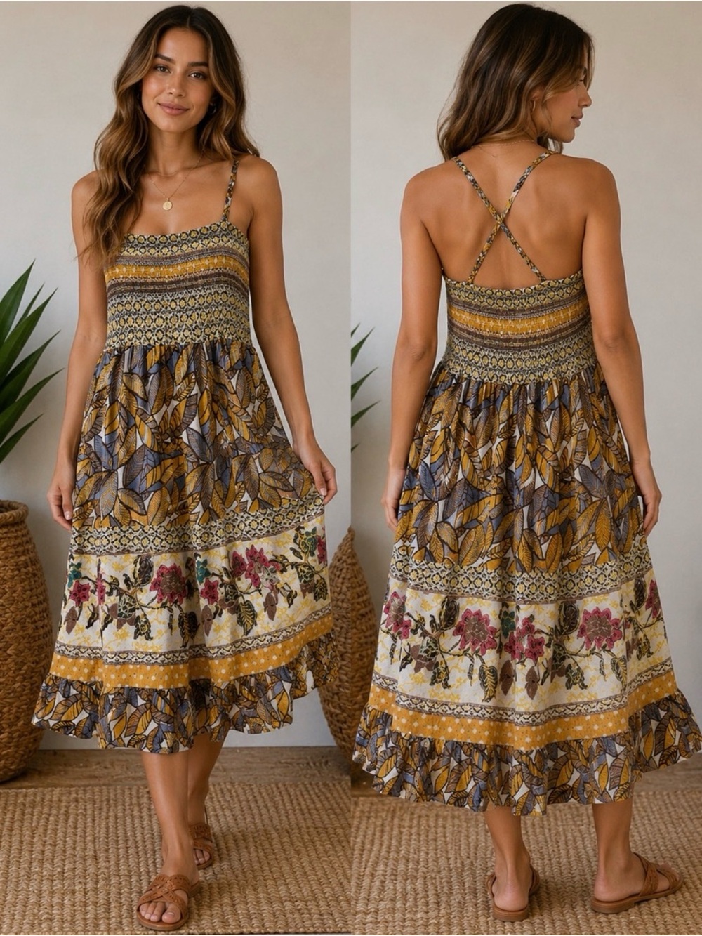 Fashion Magazine Mustard, Blue, and White Printed Tiered Maxi Skirt PTP 21’+